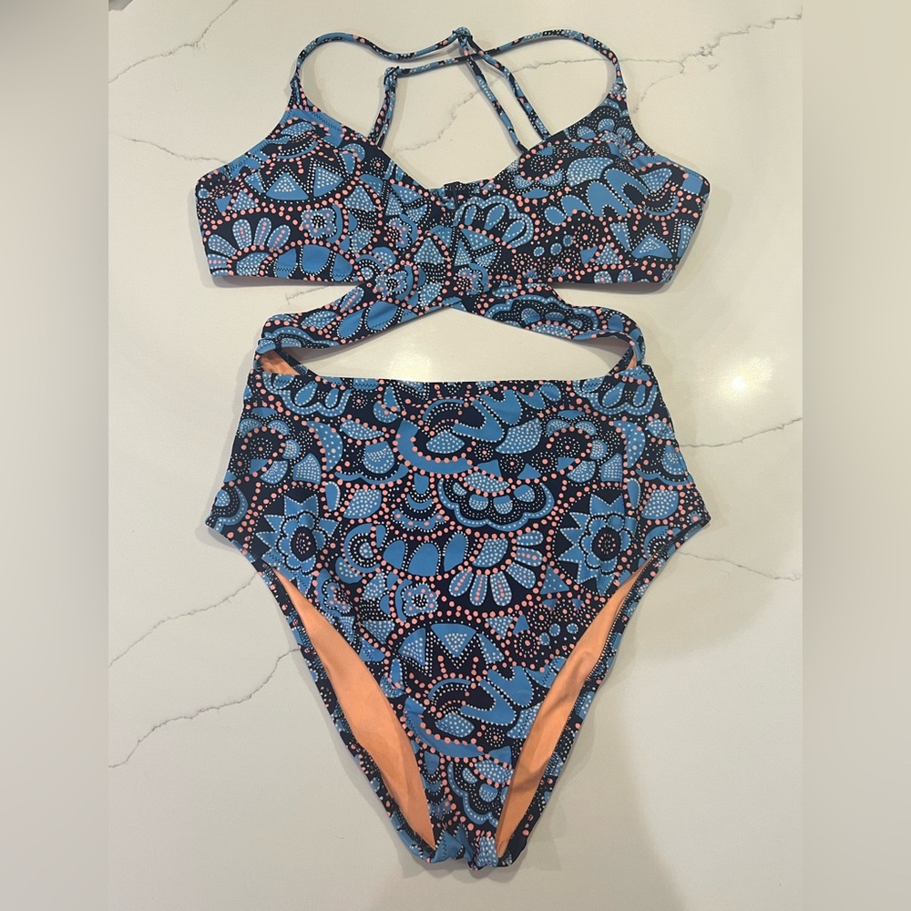 Aerie Blue and Black Floral One Piece Swimsuit